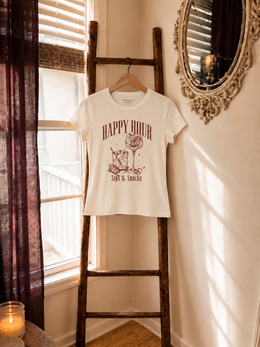 American Eagle Outfitters White "Happy Hour" Graphic Tee